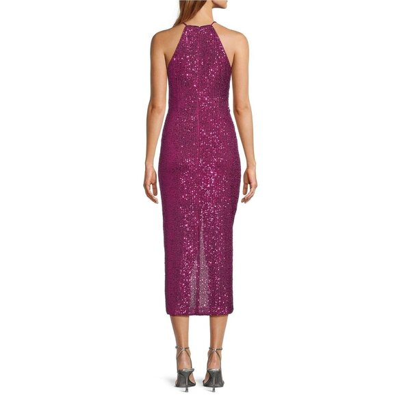 Belle Badgley Mischka Isabella Sequin Dress Size 8 Fuchsia Pink Mock Neck New - Picture 4 of 8